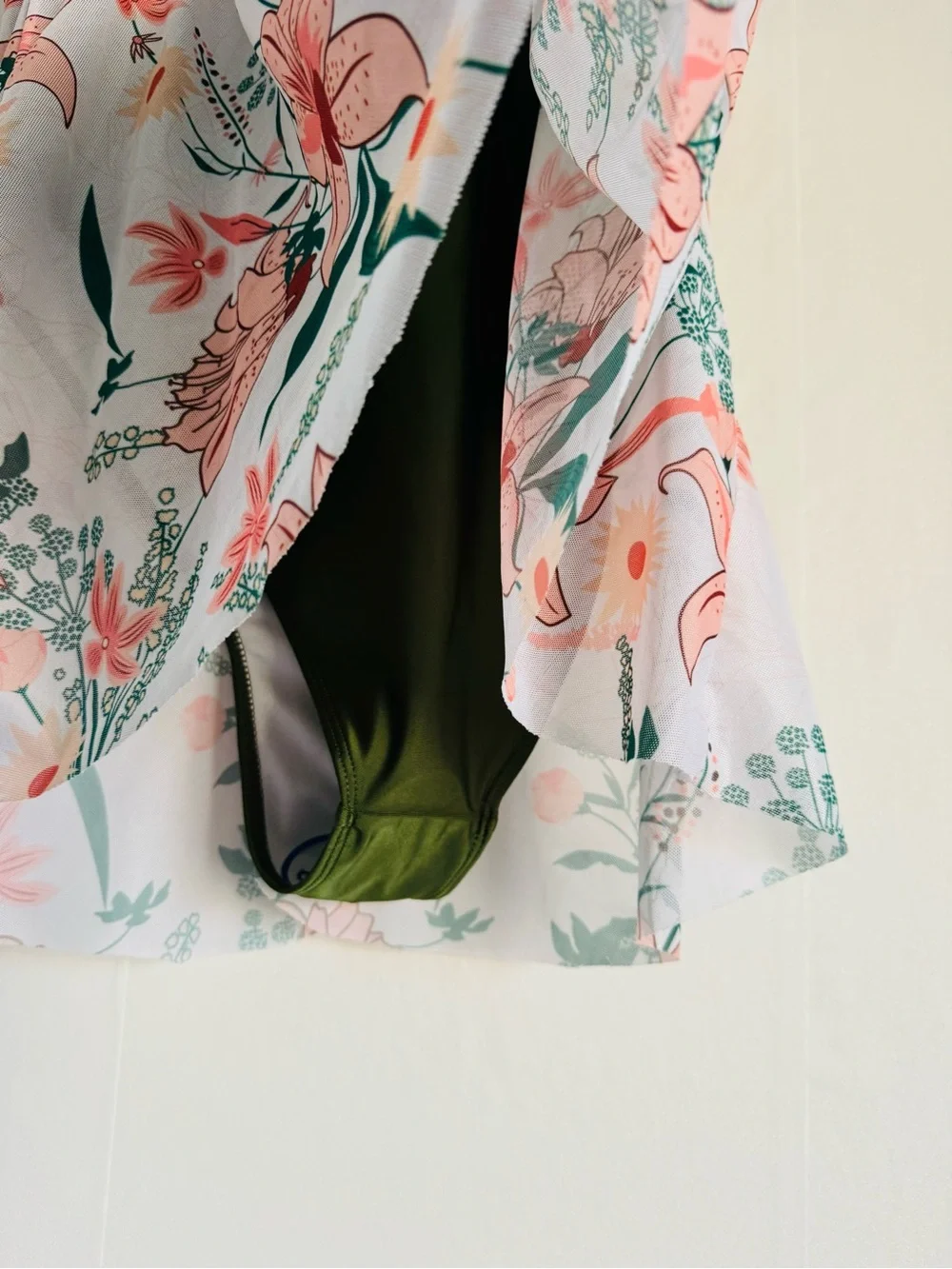 Floral Tankini Swim Top - White with Coral & Green Print